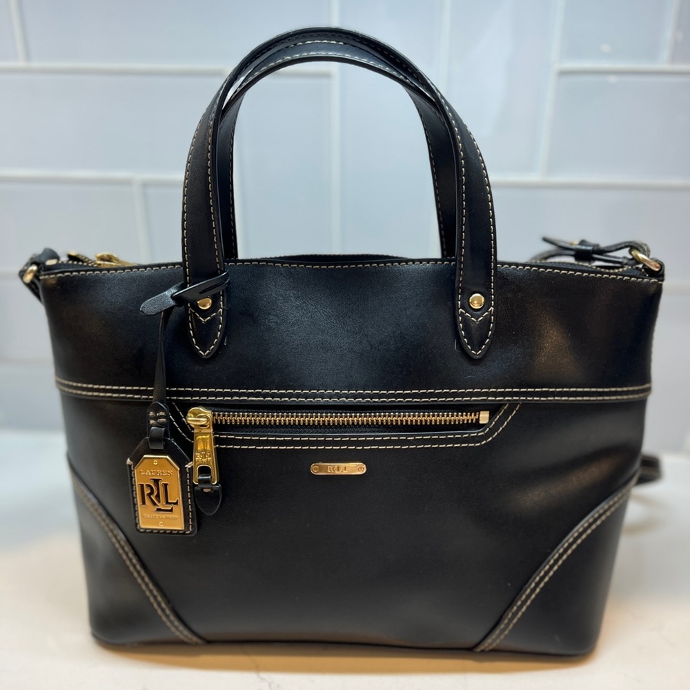 Ralph Lauren Black Leather Medium Satchel Bag Purse